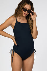 Navy Ribbed Side Tie One-Piece Maternity Swimsuit