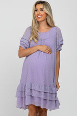 Lavender Chiffon Swiss Dot Ruffle Hem Maternity Midi Dress