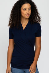 Navy Blue Solid Short Sleeve Wrap Front Nursing Top