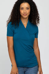 Teal Solid Short Sleeve Wrap Front Maternity/Nursing Top
