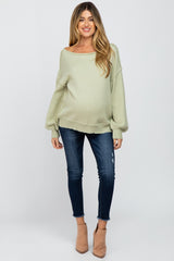 Light Olive Boat Neck Bubble Sleeve Maternity Sweater