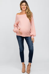 Light Pink Boat Neck Bubble Sleeve Maternity Sweater