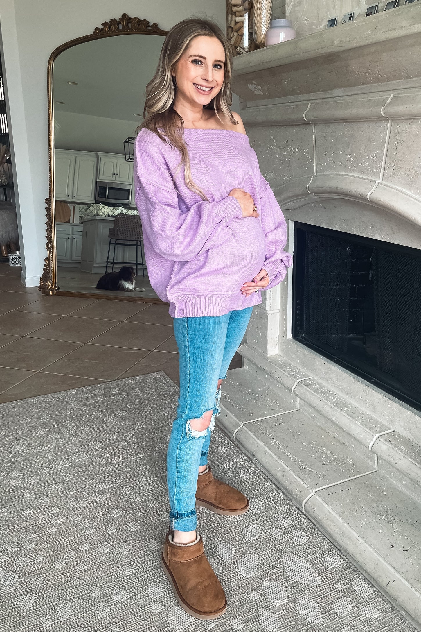 Lavender Boat Neck Bubble Sleeve Maternity Sweater