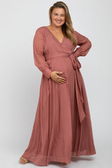 Pink Metallic Chiffon Maternity Plus Maxi Dress