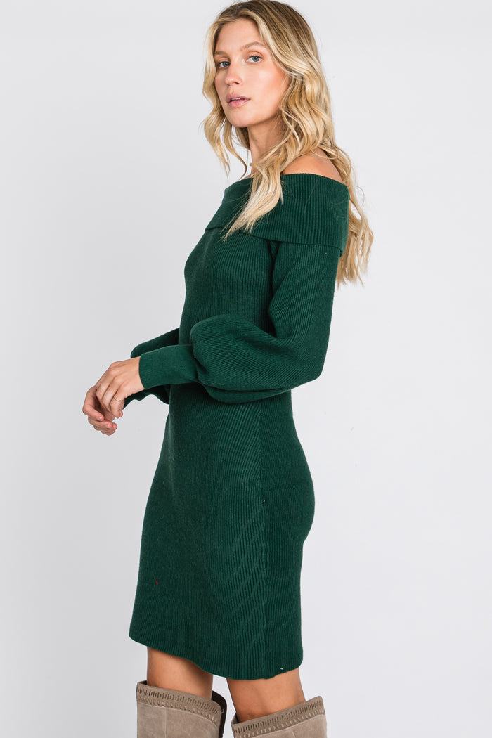 Forest Green Off Shoulder Bubble Sleeve Sweater Dress