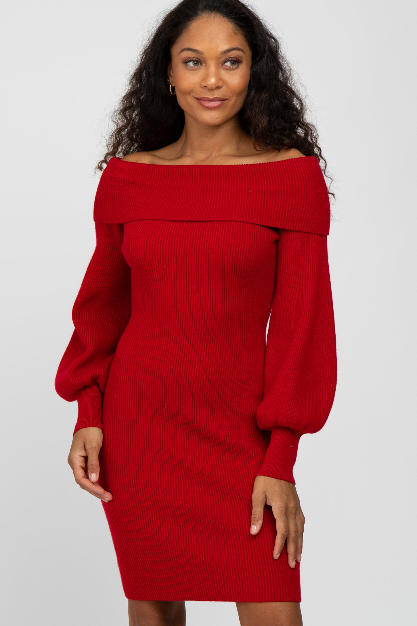 Red Off Shoulder Bubble Sleeve Sweater Dress – PinkBlush