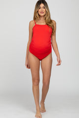 Red Ribbed One-Piece Maternity Swimsuit