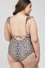 Beige Animal Print Ruffle Maternity Plus One-Piece Swimsuit