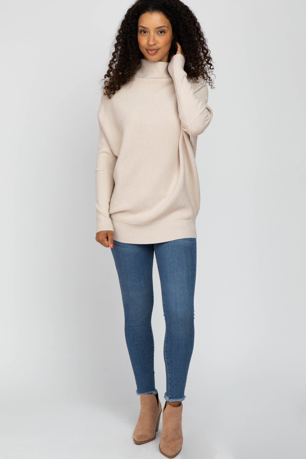 Beige Funnel Neck Dolman Sleeve Sweater
