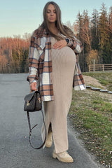 Mocha Plaid Brushed Button Down Maternity Over Shirt