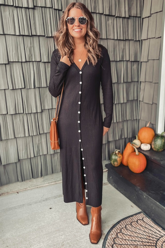 Black Ribbed Button Front Midi Cardigan Dress Black Ribbed Button Front Midi Cardigan Dress
