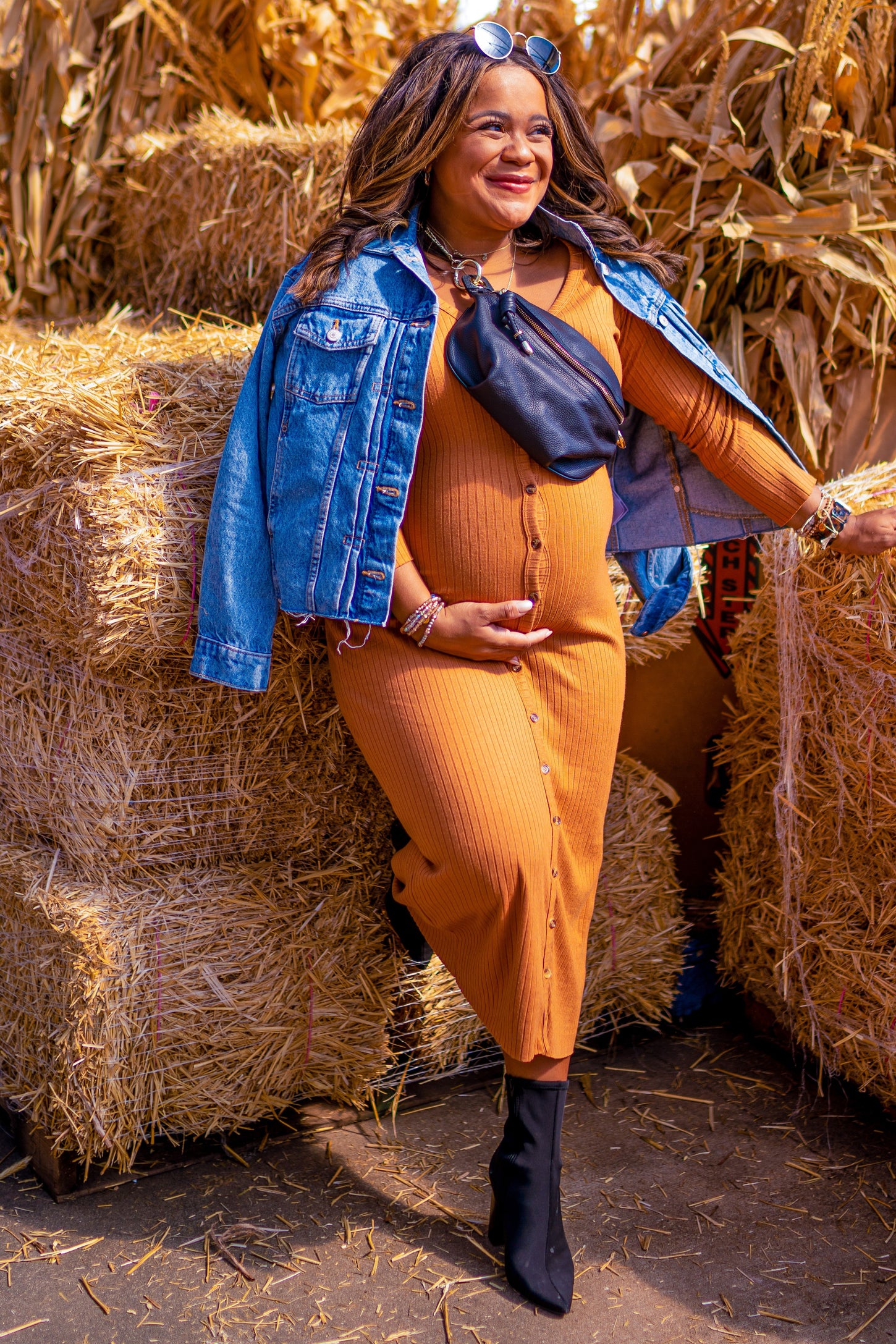 Rust Ribbed Button Front Midi Cardigan Maternity Dress