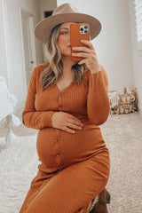 Rust Ribbed Button Front Midi Cardigan Maternity Dress