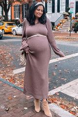 Taupe Side Slit Maternity Maxi Sweater Dress