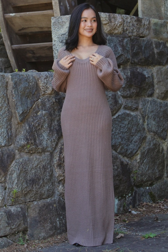 Taupe Side Slit Maxi Sweater Dress