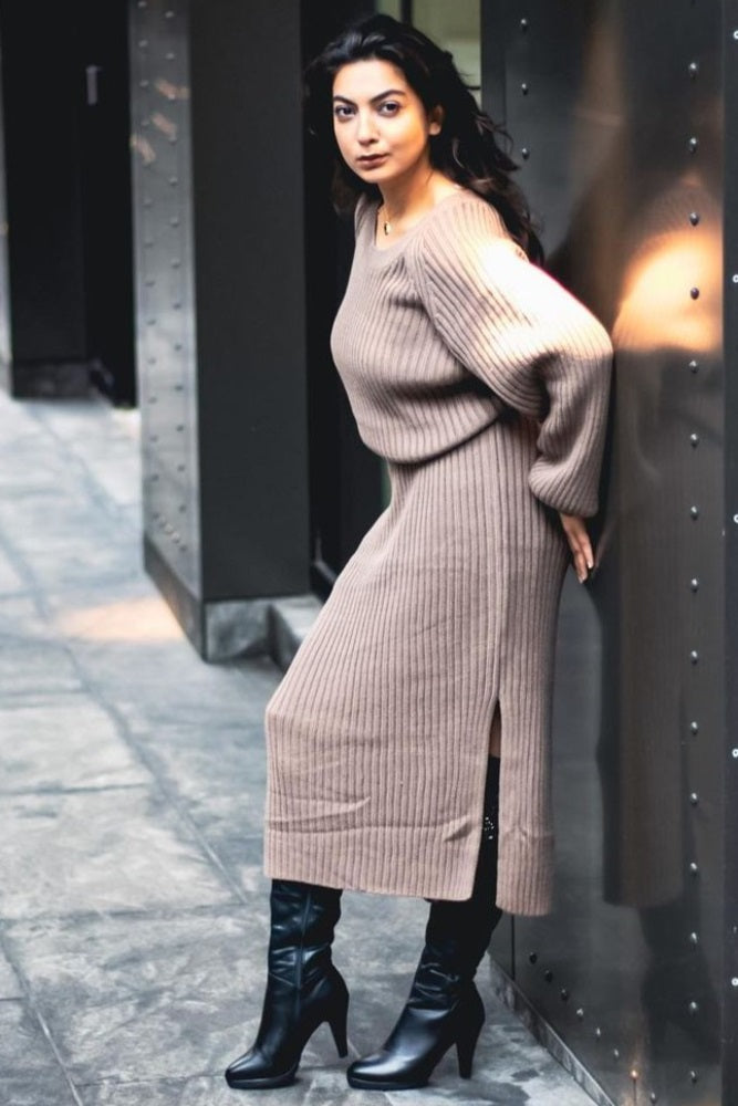 Taupe Side Slit Maxi Sweater Dress