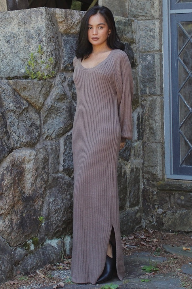 Taupe Side Slit Maxi Sweater Dress