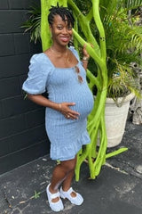 Light Blue Square Neck Smocked Denim Maternity Dress