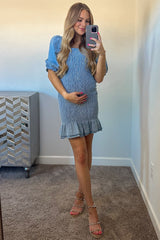 Light Blue Square Neck Smocked Denim Maternity Dress