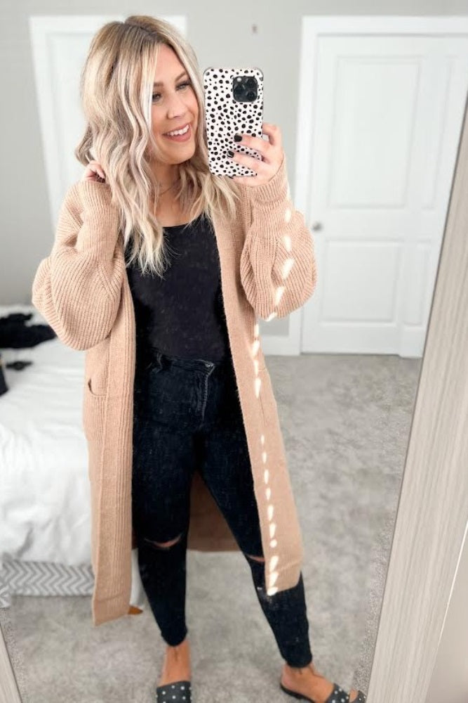 Taupe Bubble Sleeve Long Cardigan