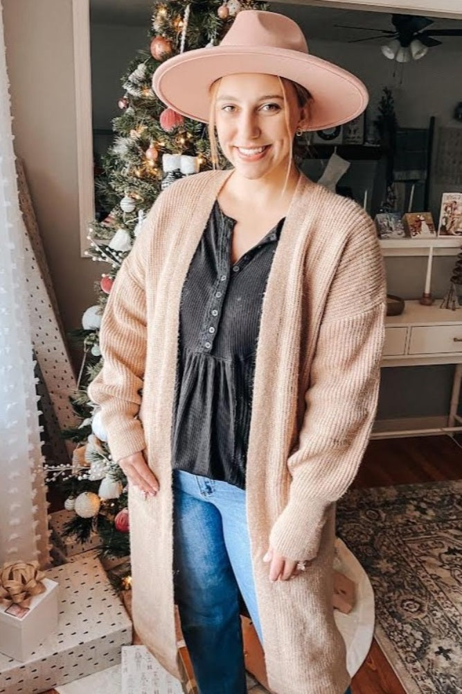 Taupe Bubble Sleeve Long Cardigan