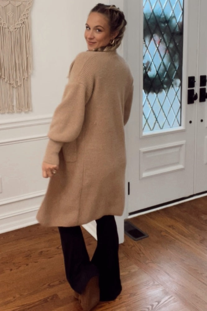 Taupe Bubble Sleeve Long Cardigan