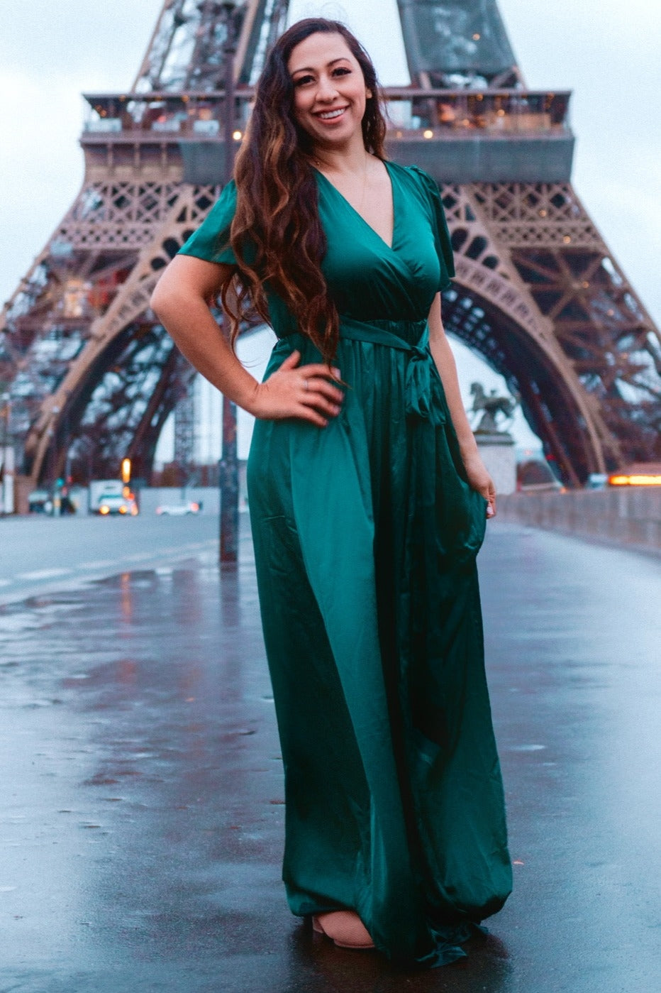 Green Side Slit Satin Maxi Dress