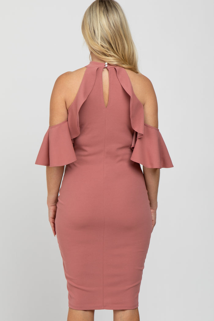Mauve Mock Neck Ruffle Trim Fitted Maternity Dress