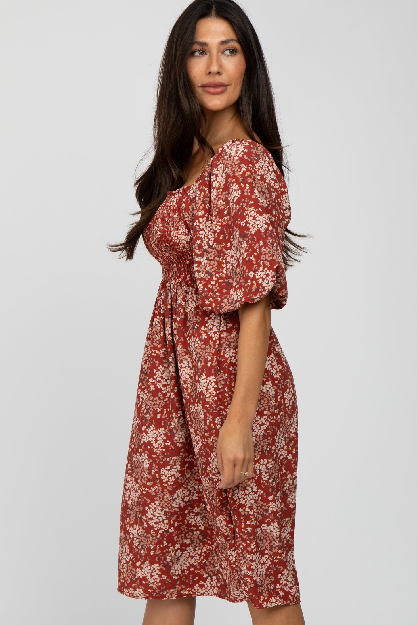 Rust Floral Square Neck Smocked Midi Dress