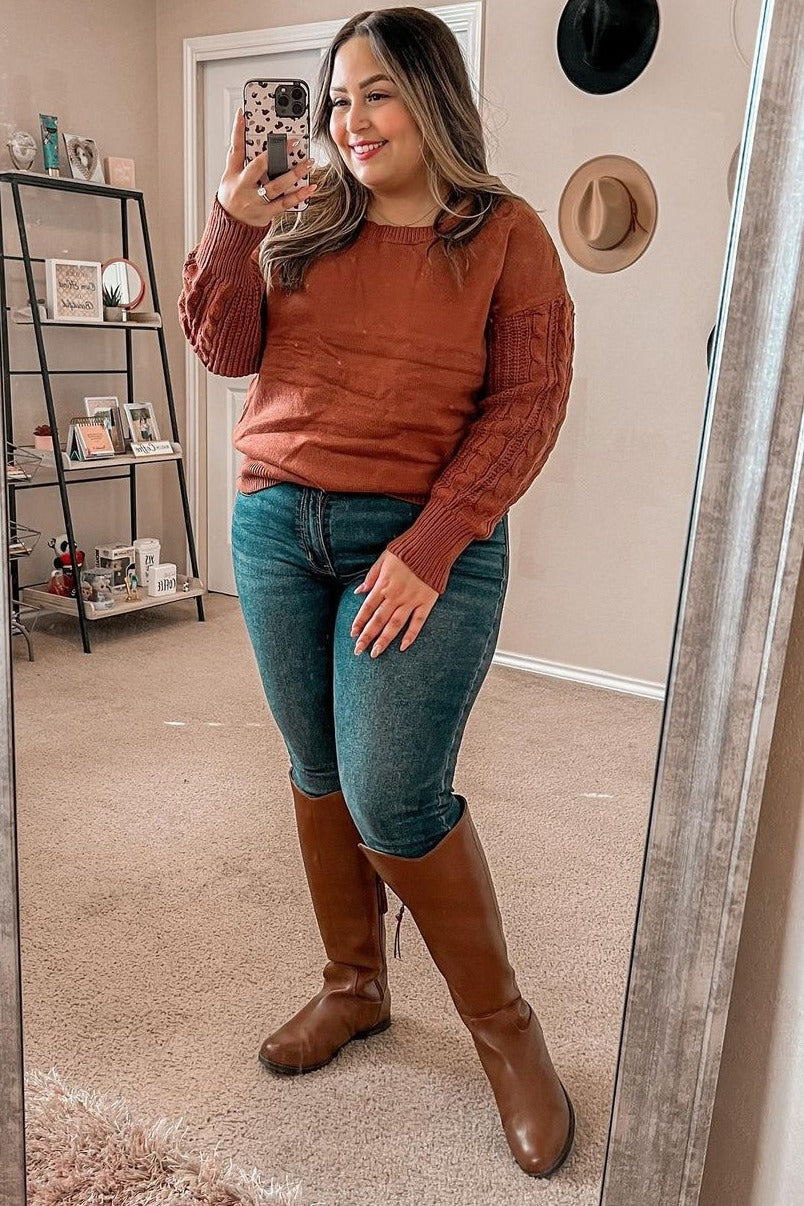 Camel Knit Braided Sleeve Sweater