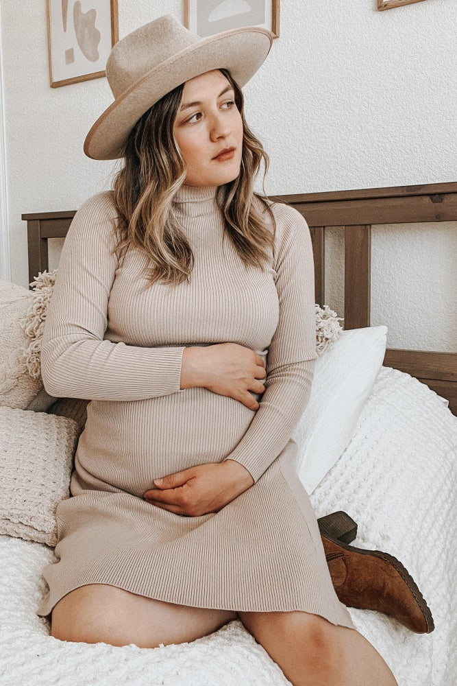 Beige Mock Neck Flared Maternity Midi Dress