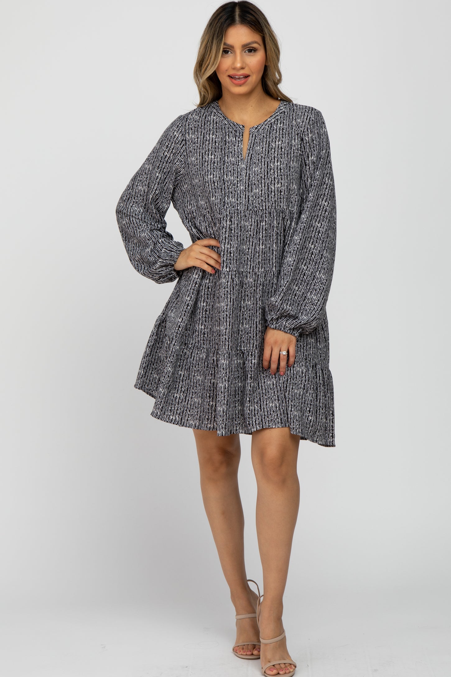 Charcoal Printed Tiered Maternity Dress