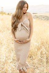 Mocha Gingham Print Smocked Fitted Self-Tie Maternity Midi Dress