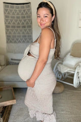 Mocha Gingham Print Smocked Fitted Self-Tie Maternity Midi Dress