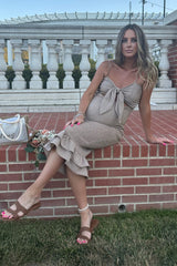 Mocha Gingham Print Smocked Fitted Self-Tie Maternity Midi Dress