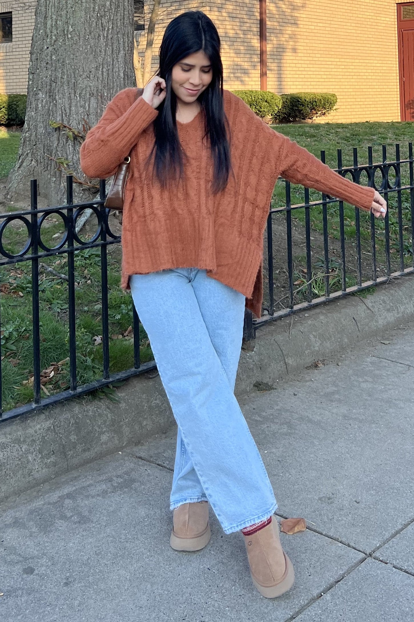 Camel V-Neck Side Slit Cable Knit Maternity Sweater
