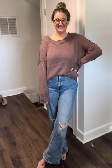 Brown Exposed Seam Side Slit Sweater