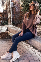 Brown Exposed Seam Side Slit Sweater