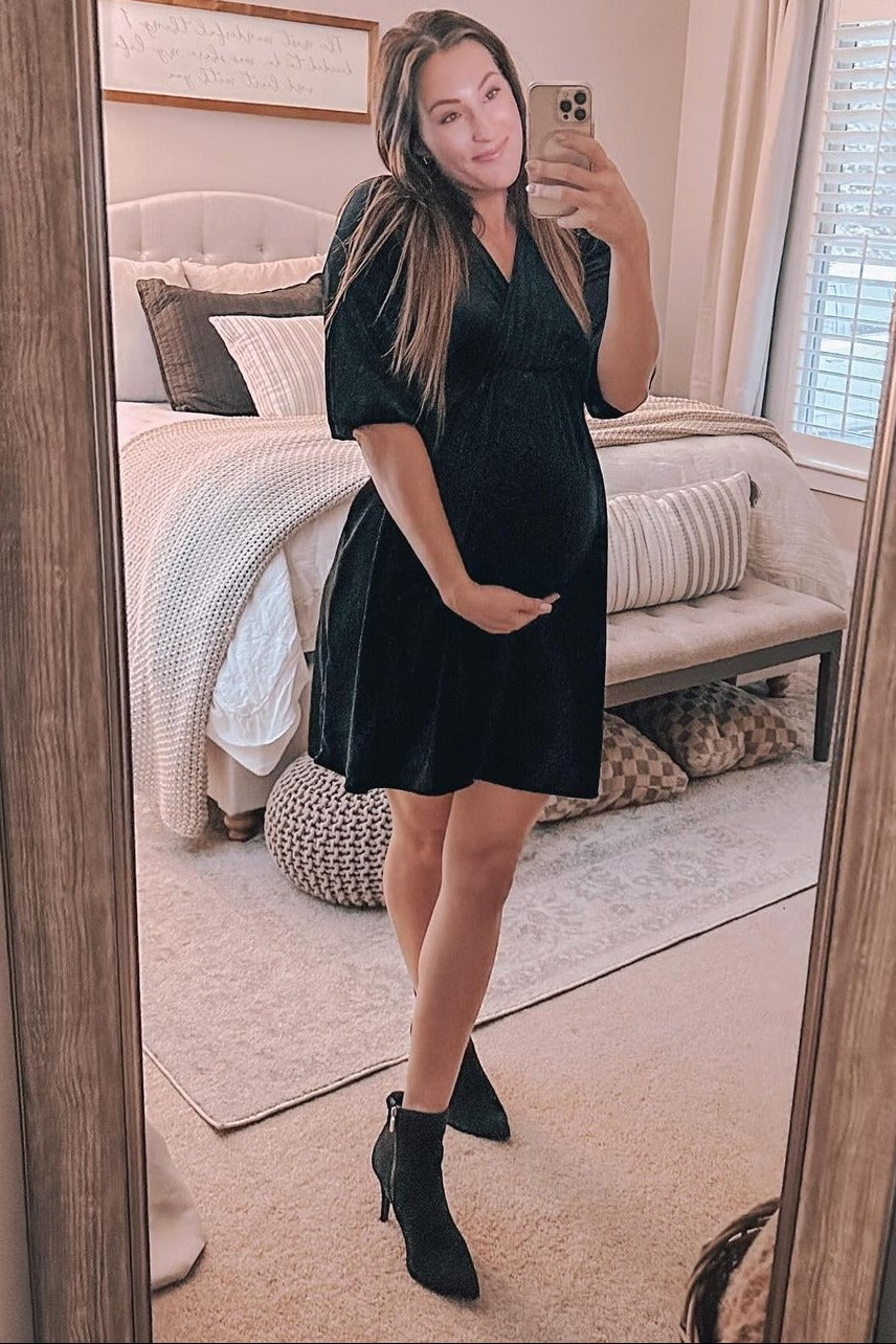 Black Velvet Wrap Front Babydoll Maternity Dress