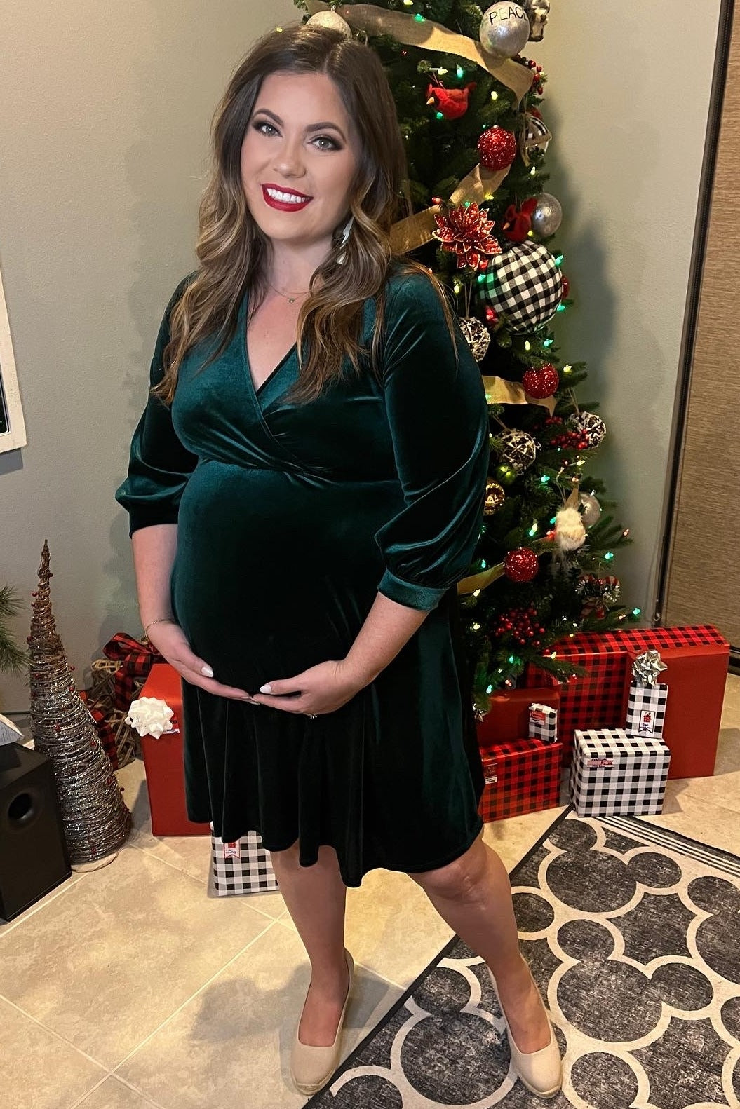 Green Velvet Wrap Front Babydoll Maternity Dress