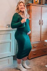 Forest Green V-Neck Long Sleeve Fitted Maternity Maxi Dress