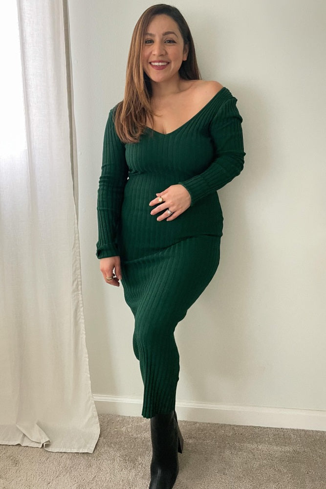Forest Green V-Neck Long Sleeve Fitted Maxi Dress