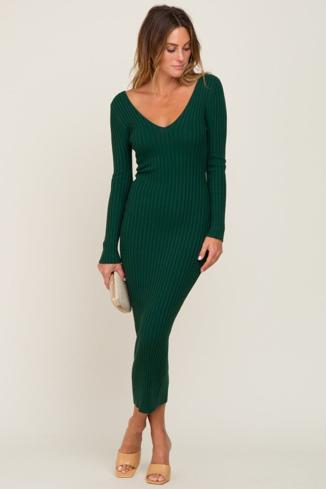 Forest Green V-Neck Long Sleeve Fitted Maxi Dress