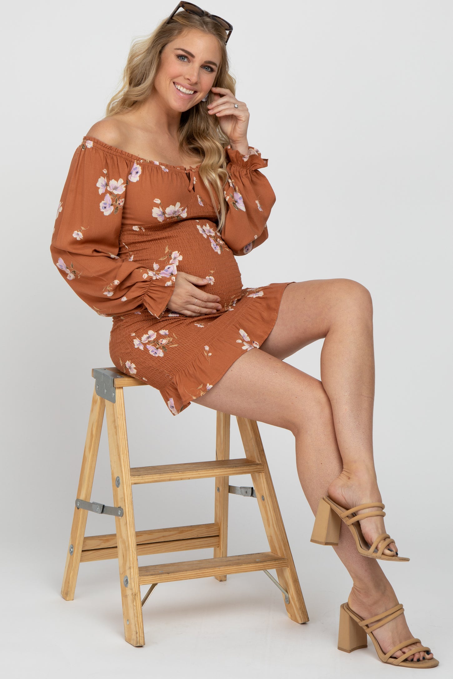 Camel Floral Long Sleeve Smocked Maternity Mini Dress