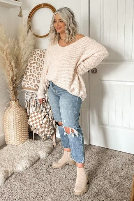 Beige V-Neck Soft Sweater