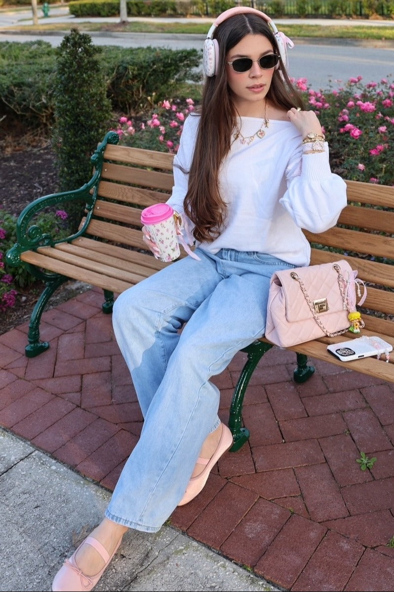 White Boat Neck Bubble Sleeve Sweater