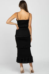 Black Satin Smocked Fitted Maternity Midi Dress