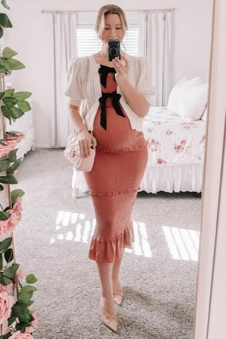 Mauve Satin Smocked Fitted Maternity Midi Dress