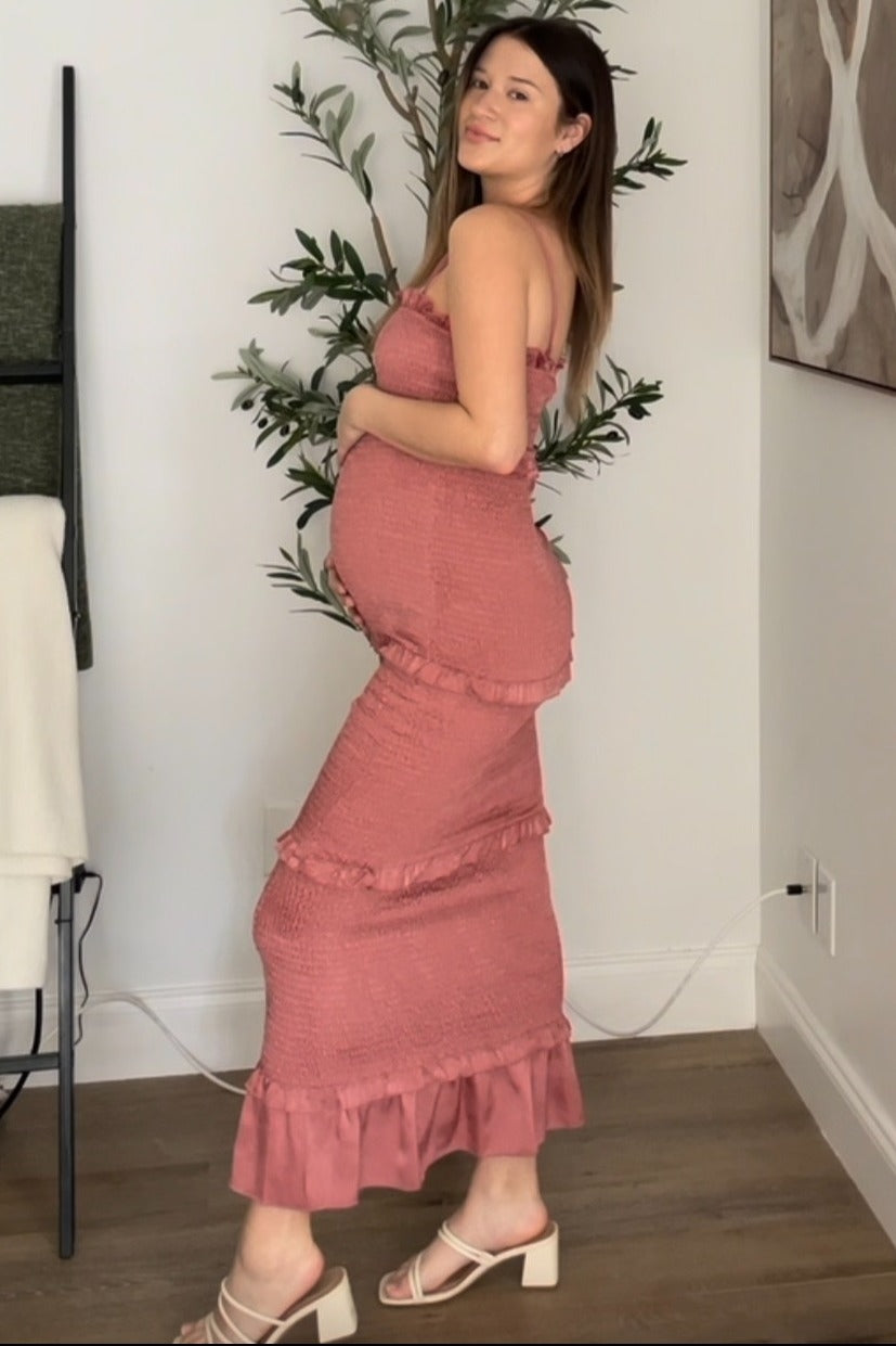 Mauve Satin Smocked Fitted Maternity Midi Dress