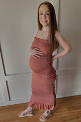 Mauve Satin Smocked Fitted Maternity Midi Dress